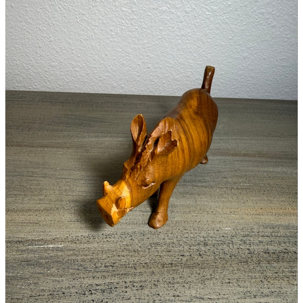 hand-carved teak wooden figurine warthog approximately 5 inches